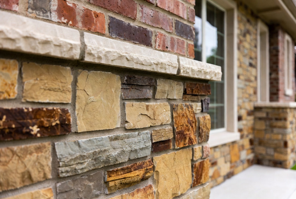 Mixed stone and brick exterior detail
